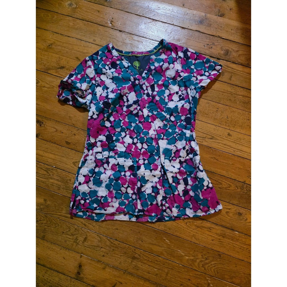 Abstract Dot Print V-Neck Scrub Top Teal Magenta Navy Short‎ Sleeve Women Medium